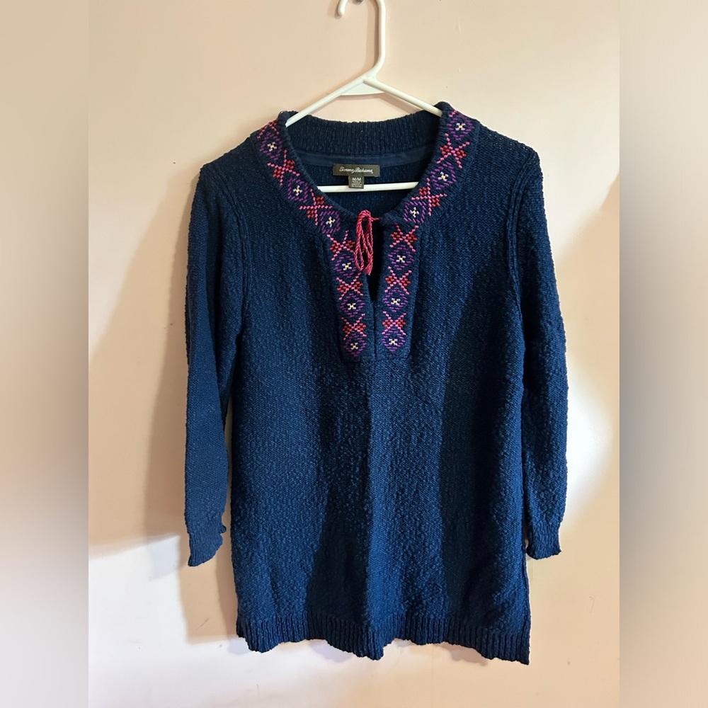 Tommy Bahama Blue Red Embroidered Cotton Knit Sweater M